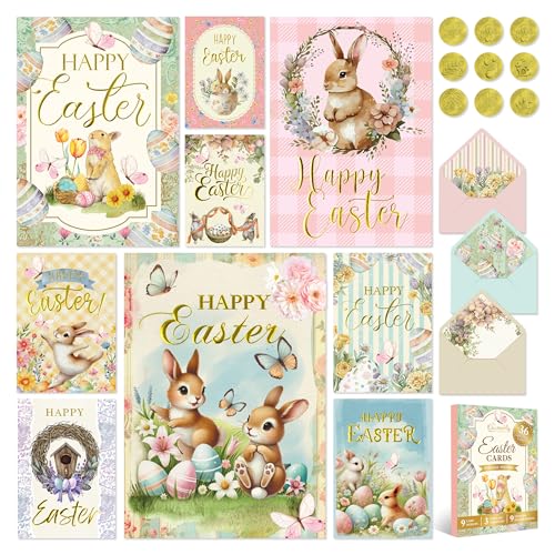 Decorably 36 Pack 4x6in Gold Foil-Embossed Vintage Easter Cards Bulk | Envelopes & Stickers, 9 Classic Vintage Designs, Blank Inside - Easter, Spring, Gifting, Mailing
