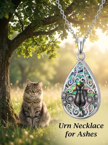 WINNICACA Urn Necklaces for Ashes 925 Sterling Silver Butterfly Hummingbird Dragonfly Teardrop Ash Necklace Cremation Jewelry Urn Pendants for Women Memorial Gifts for Birthday Christmas Funeral - style: 8-Cat Urn Necklace