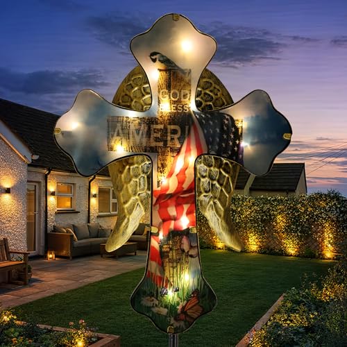 Solar Cross Garden Stake 33.5in Angel Wing Memorial American Flag | IP65 Waterproof、Cemetery Decor、Patriotic Yard Art、Sympathy Gift - color: Cross with Flag