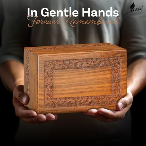 Borders Wooden Urns for Human Ashes Adult Funeral Urn, Wooden Cremation Urns for Ashes Engraving, Wooden Box (L (9x6x5) 185 Cu/in, Custom Border Carved) | Hand-carved solid sheesham rosewood, screw-locked sliding base, engraving available, holds up to 180