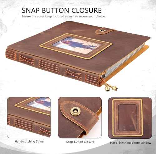 Leather photo Album Self Adhesive Pages, Handamde Leather Scrapbook Photo Album, Wedding Family Album, Holds 3x5, 4x6, 5x7, 6x8, 8x10 Photos - Brown - color: Brown, size: 13.58x13x1.3