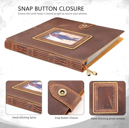 Leather photo Album Self Adhesive Pages, Handamde Leather Scrapbook Photo Album, Wedding Family Album, Holds 3x5, 4x6, 5x7, 6x8, 8x10 Photos - Brown - color: Brown, size: 13.58x13x1.3