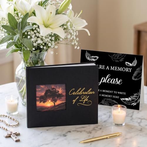 Funeral Guest Book, Celebration of Life GuestBook with Photo Slot | 330 Entries, Table Sign Card Included, Gold Stamping, Twill-Textured Paper Cover, in Loving Memory Keepsake, 9x7.5", Black - color: Black-c