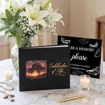 Funeral Guest Book, Celebration of Life GuestBook with Photo Slot | 330 Entries, Table Sign Card Included, Gold Stamping, Twill-Textured Paper Cover, in Loving Memory Keepsake, 9x7.5", Black - color: Black-c