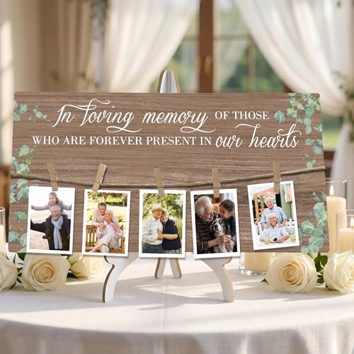 Rustic Wood Memory Table Sign 16 x 8 Inch, In Loving Memory Wedding Sign with Clips, Rustic Wedding Decor for Ceremony and Reception Wooden Memorial Picture Board to Honor Souls-A09 - color: brown-Eucalyptus-2