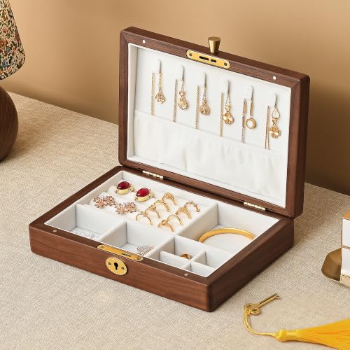 Black Walnut Wooden Lockable Jewelry Box, Necklace Organizer Case for Women - color: 1 Layer Lockable
