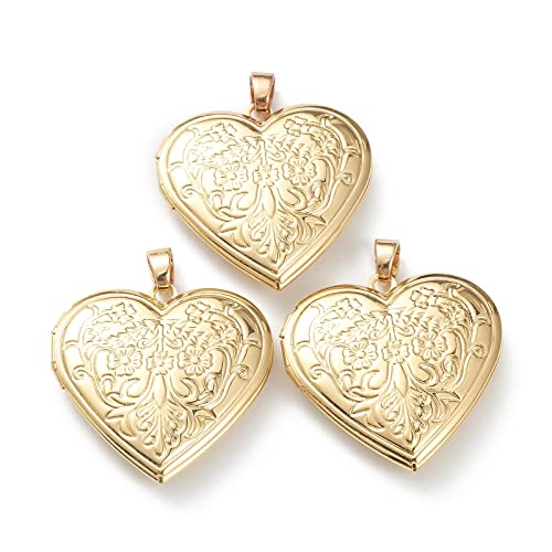 Beadthoven 10pcs Gold Plated Brass Heart Locket Pendants Engraved Floral Heart Photo Frame Charms Photo Holder Memory Locket Pendants for DIY Necklace Jewelry Making - color: Gold-Heart with Flowers