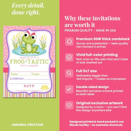 Amanda Creation Frog Birthday Invitations for Girls, 20 Pack 5x7 Fill-In Frog Party Invitations with White Envelopes, Cute Green Animal Birthday Cards, Made in USA - color: Little Frog