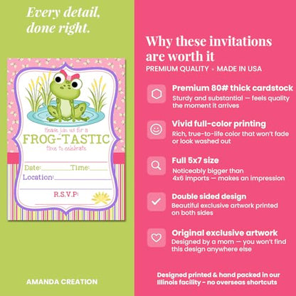 Amanda Creation Frog Birthday Invitations for Girls, 20 Pack 5x7 Fill-In Frog Party Invitations with White Envelopes, Cute Green Animal Birthday Cards, Made in USA - color: Little Frog