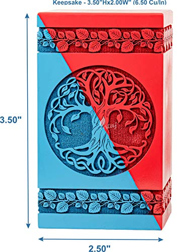 Wooden Cremation Urn for Human Ashes, 20 Cu in, Keepsake, Blue & Red | Hand-carved wood, blue and red, screw-locked sliding base, engraving available, holds a small share of ashes, to 20 lb - color: Blue & Red, size: Keepsake - 3.50Hx2.00W (6.50 Cu/In)