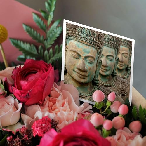 3dRose Greeting Cards - Cambodia, Siem Reap. Carved statues at Buddhist temple. - 12 Pack - Buddhism - size: 12 Greeting Cards with envelopes
