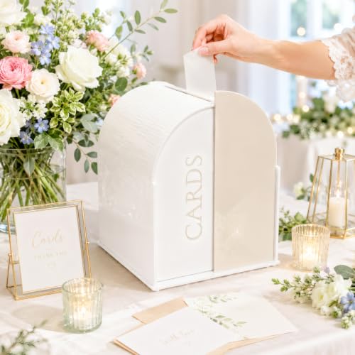 White Arched Wedding Card Box with Light Beige Standee & Erasable Pen | Acrylic Wedding Card Boxes for Reception, Wide Slot, Wedding Box for Cards and Money, for Birthday Graduation Baby Shower - color: Light Beige