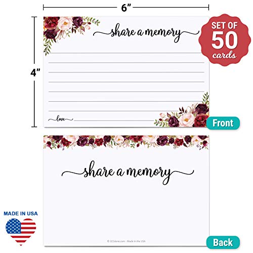 321Done Share a Memory Cards for Celebration of Life, 4x6, Red Rose, White | Made in USA - Favorite Memory Prompts for Funerals, Memorials, Birthdays and Anniversary Parties, Guest Book Alternative