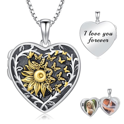 Dorunmo Locket Necklace 925 Sterling Silver Pictures Photo Keep Someone Near to You Custom Lockets Mother's Day Jewelry Personalized Photo Locket Gifts - color: L-Sunflower Butterfly, style: Locket Only