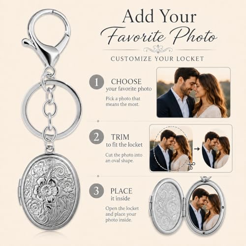 Photo Keychain for Women Silver Oval Locket Bag Charm Picture Holder Purse Accessory Memory Gift for Mom Wife