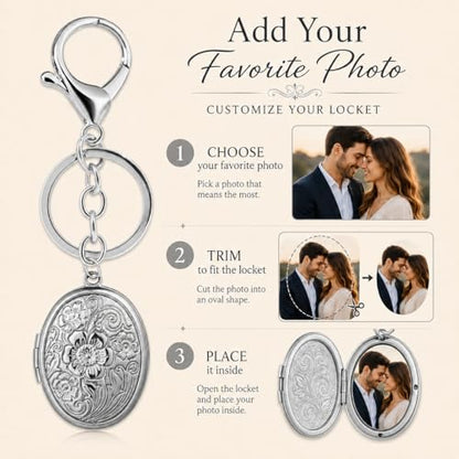 Photo Keychain for Women Silver Oval Locket Bag Charm Picture Holder Purse Accessory Memory Gift for Mom Wife