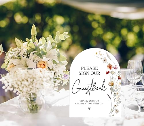 Wildflower Please Sign Our Guestbook Sign, Wedding Ceremony Signs, 6 x 8 Inch Arch Wooden Tabletop Sign with Stand, Wedding Reception Decoration Supplies (AG02) - color: Please Sign Our Guestbook