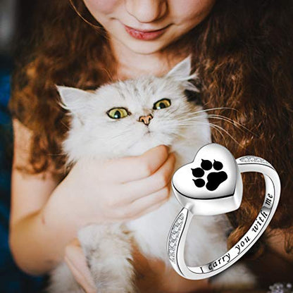 Fookduoduo 925 Sterling Silver Paw Print Urn for Ashes I Carry You with me Cremation Jewelry Dog Cat Claw Urn Finger Ring for Pet Lovers - color: black