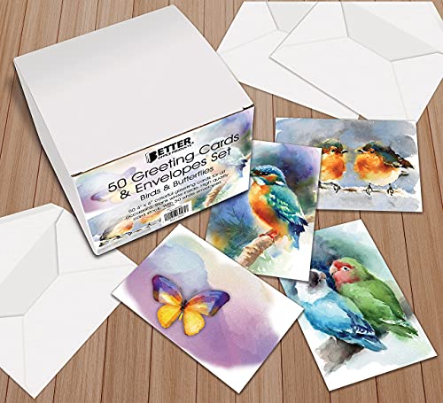 Better Office Products 50-Pack All Occasion Greeting Cards Box Set, 4 x 6 inch, 50 Assorted Blank Note Cards & 50 Envelopes, 6 Butterfly & Birds Designs, Blank Inside, 50 Pack