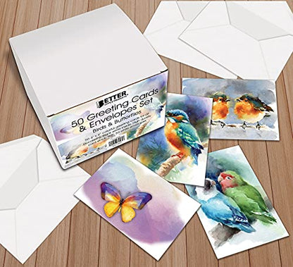 Better Office Products 50-Pack All Occasion Greeting Cards Box Set, 4 x 6 inch, 50 Assorted Blank Note Cards & 50 Envelopes, 6 Butterfly & Birds Designs, Blank Inside, 50 Pack