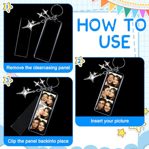 MTLEE 12 Pcs Mini Photo Strip Keychain Frame 1x3 Inch Acrylic Photo Booth Keychain Double Sided Keyring Blank DIY Custom Gift - style: Four Pointed Star Clasp