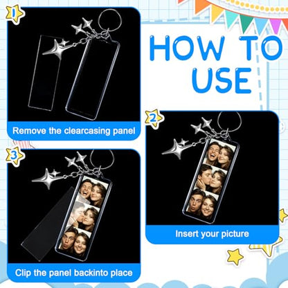 MTLEE 12 Pcs Mini Photo Strip Keychain Frame 1x3 Inch Acrylic Photo Booth Keychain Double Sided Keyring Blank DIY Custom Gift - style: Four Pointed Star Clasp