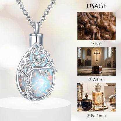 Diamond Tree of Life Urn Necklace for Ashes 925 Sterling Silver Family Tree of Life Cremation with Funnel Filler Ash Holder Keepsake Memorial Jewelry Gifts for Women,18+2 inch - style: Style 1-White Opal