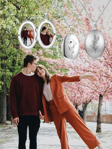 Custom Photo Locket Necklace Women Personalized Text Birth Flower Necklace that Hold Picture Stainless Steel Memorial Jewelry for Mothers Day Christmas - color: Silver