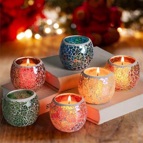 Covzoe 6 Pack Glass Votive Candle Holder, Stained Mosaic Tealight Holder | Romantic Aromatherapy Candle Lamp, Tea Light Holder Cup for Wedding Table Centerpiece, Home Decor, Christmas Party