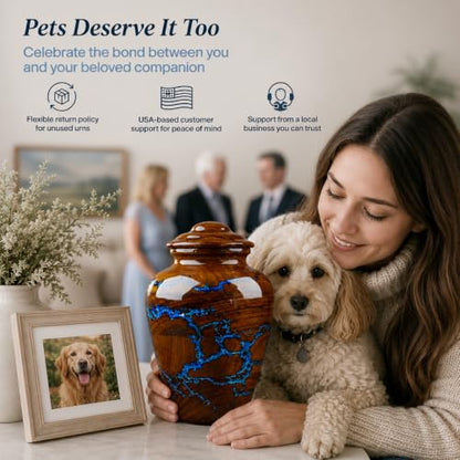 Handcrafted Rosewood Cremation Urn for Human Ashes – 50 Cubic Inches Funeral Memorial Urn for Adult Women & Men, Elegant Wooden Memorial Ashes Urn with Blue Resin Inlay, Funeral Urn for Loved Ones - size: STANDARD 50 Cu inch