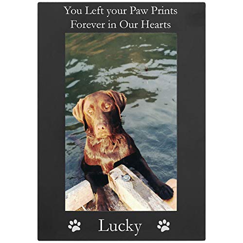 CustomGiftsNow You Left Your Paw Prints Forever in Our Hearts - Custom Dog - Engraved Anodized Aluminum Hanging/Tabletop Personlized Memorial Photo Picture Frame - Add your dogs name - size: 4x6-inch Vertical