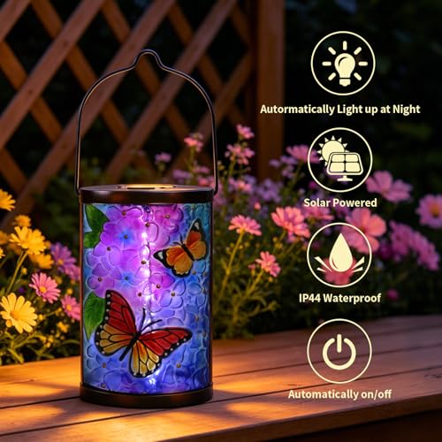 MUMTOP Butterfly Solar Lantern, Hanging Glass Outdoor Garden Light - color: Periwinkle Blue