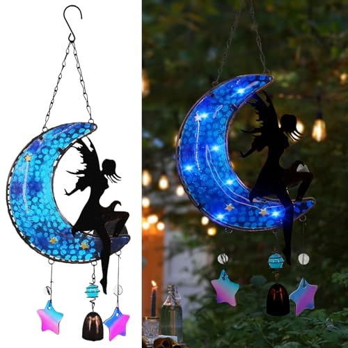 Memorial Wind Chimes Solar Hanging Glass Moon Lights Metal Fairy Angel Outdoor Wind Chimes for Mom Loved One Gifts