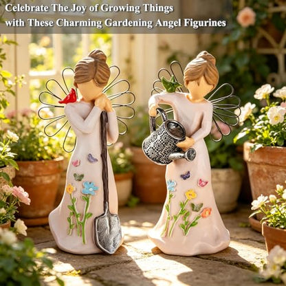 Gardening Gifts for Women - 2 Piece Unique Garden Angel Figurine | 5.9"with Watering & Shovel, Housewarming Gift for Mom Grandma Friend, Sculpted Resin Angel Statues & Friendship - style: Gardening