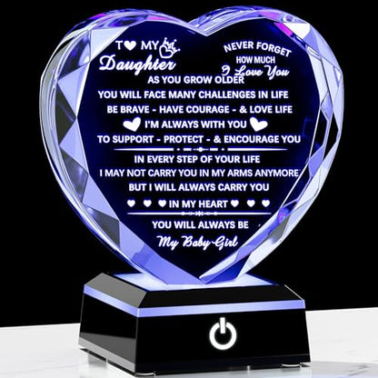 YWHL Daughter Gifts from Mom Dad Birthday Gifts for Daughter Adult to My Daughter Heart Crystal Keepsake with Colorful Base Meaningful Gifts for Daughter on Christmas Graduation Valentine Day - color: Daughter Gifts+led