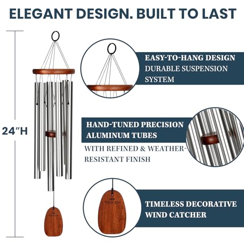 Woodstock Chimes of Comfort 24" Memorial Wind Chimes for Outdoor & Garden, Tuned to Amazing Grace, Sympathy Gift Silver Aluminum Tubes, Teak Wood Finish (WCOC)