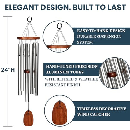 Woodstock Chimes of Comfort 24" Memorial Wind Chimes for Outdoor & Garden, Tuned to Amazing Grace, Sympathy Gift Silver Aluminum Tubes, Teak Wood Finish (WCOC)