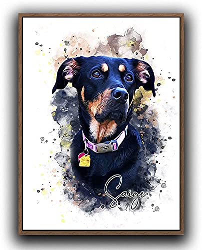 Custom Dog/Cat Portrait Watercolor Painting Framed Canvas Prints with Your Photos Wall Art for Home Decoration, Personalized Memorial Gift for Pet Lovers Dog Moms (14x14 inches, Wood Frame) - color: Wood Frame, size: 14"L x 14"W