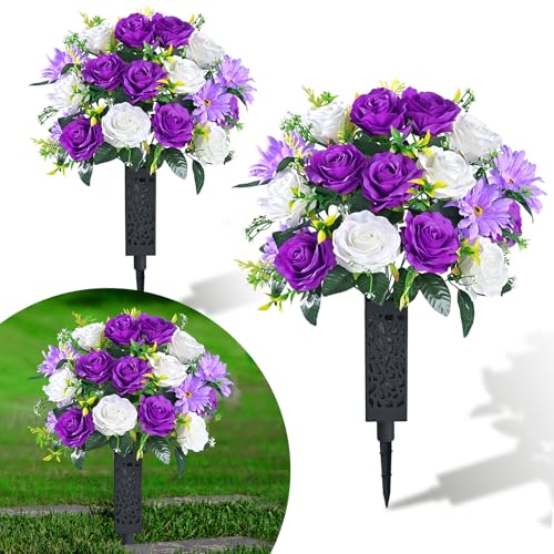 2 Sets Artificial Cemetery Flowers for Grave with Vase, Realistic Grave Flowers for Cemetery, Full & UV Resistant Memorial Day Flowers with Rose Flowers for Cemetery Grave Decor(Purple White) - color: White Purple