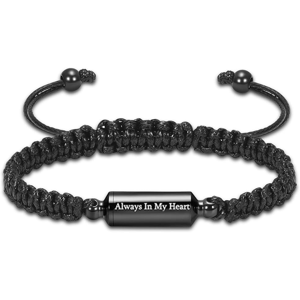 Hearbeingt Cylinder Cremation Bracelet for Ashes Adjustable Rope Urn Bangle - color: A-Black Always In My Heart