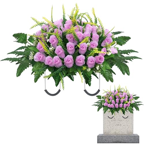 Cemetery Headstone Flower Saddle,Cemetery Tombstone Flower Saddle,Outdoor Grave Saddle Headstone Decorations,Cemetery Memorial Flowers for Outdoor Gravesite Tombstone Decorations (Purple) - color: Purple