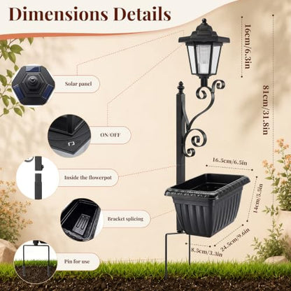 2 Pack Solar Planter Lights Outdoor, 2-in-1 Solar Lamp Post Lights with Built-in Planter, Metal Ground Stake, Waterproof, Decorative Solar Garden Lights for Patio, Lawn, Porch, Backyard & Pathway