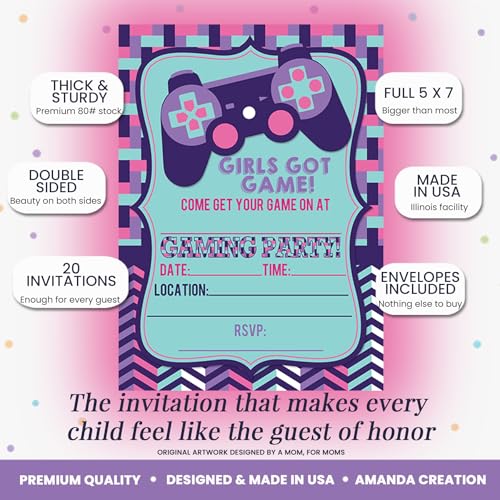Girls Got Game Video Gaming Birthday Party Invitations for Girls, 20 5x7 Fill In Cards with Twenty White Envelopes by AmandaCreation - color: Girls Got Game Video