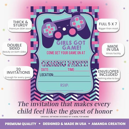 Girls Got Game Video Gaming Birthday Party Invitations for Girls, 20 5x7 Fill In Cards with Twenty White Envelopes by AmandaCreation - color: Girls Got Game Video