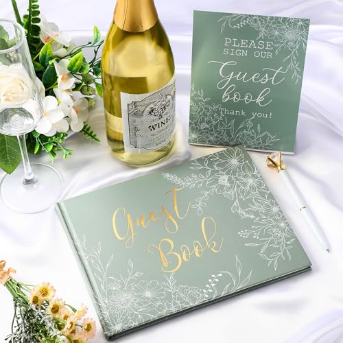 Wedding Guest Book with Pen and Table Sign, 7x9 Inch Photo Guestbook with 88 Lined Pages, Personalized Guestbook Photo Album Sign in Book for Reception Bridal Shower Wedding Birthday Party(Sage Green) - style: Sage Green