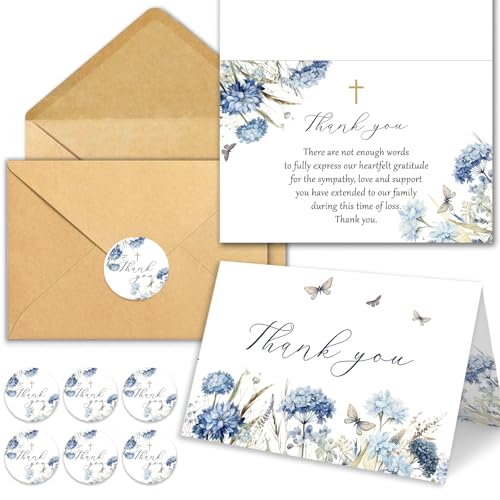 50 Pack Flower Funeral Thank You Cards with Envelopes, Blue, 4×6 In | Watercolor Design Bereavement Cards, Message Inside, for Funeral Family Friends Loved Ones, Celebration of Life - color: 50 Blue