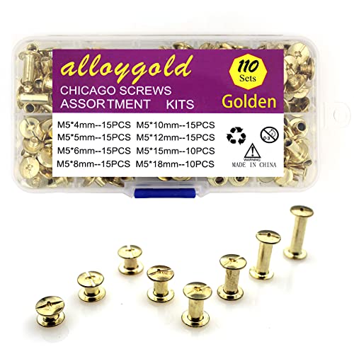 110 Sets Gold Chicago Screws Leather Assorted Kit, 8 Sizes of Screw Rivets for DIY Leather Craft and Bookbinding (M5 X 4,5,6,8,10,12,15,18) - color: Gold, size: M5*4.5.6.8.10.12.15.18mm