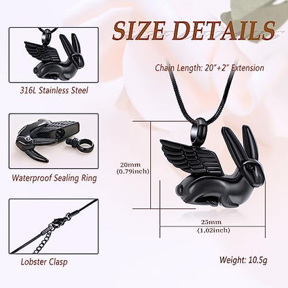 Bunny Rabbit Urn Pendant Necklace - Stainless Steel Cremation Ashes Jewelry for Pets Keepsake Memorial Ashes Locket - color: Black