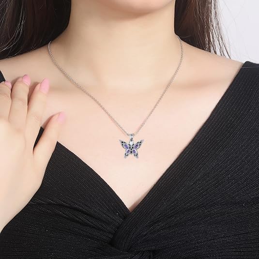 Q&D&S Cremation Butterfly Urn Necklace Jewelry for Ashes for Women Stainless Steel Inlaid Crystal Memorial Pendant Human Pet Ash Holder Gift A Loss of Loved Ones - color: purple
