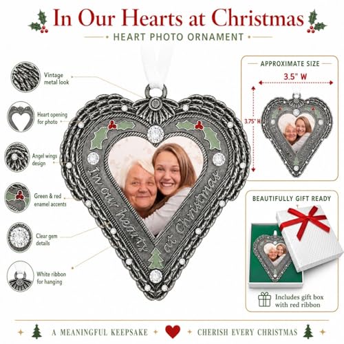 Memorial Christmas Ornament with Photo – in Our Hearts at Christmas Sympathy Ornament with Angel Wings, Holly & Berry Accents – Personalized Remembrance Gift for Loss of Loved One – 3.5" Heart